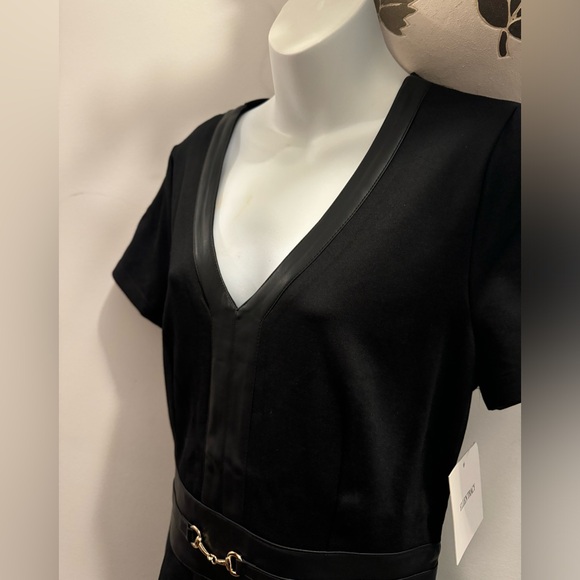 Ellen Stacy PONTE FLARE BLACK DRESS WITH VEGAN LEATHER TRIM size M - Picture 6 of 16